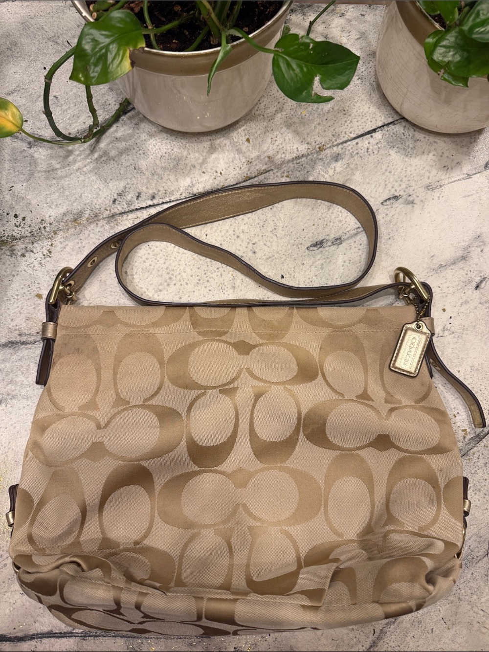Coach Signature Canvas Shoulder Bag in Tan and Brown